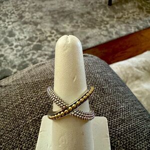 Lagos Sterling & 18k Gold Caviar Crisscross Ring, Size 8.